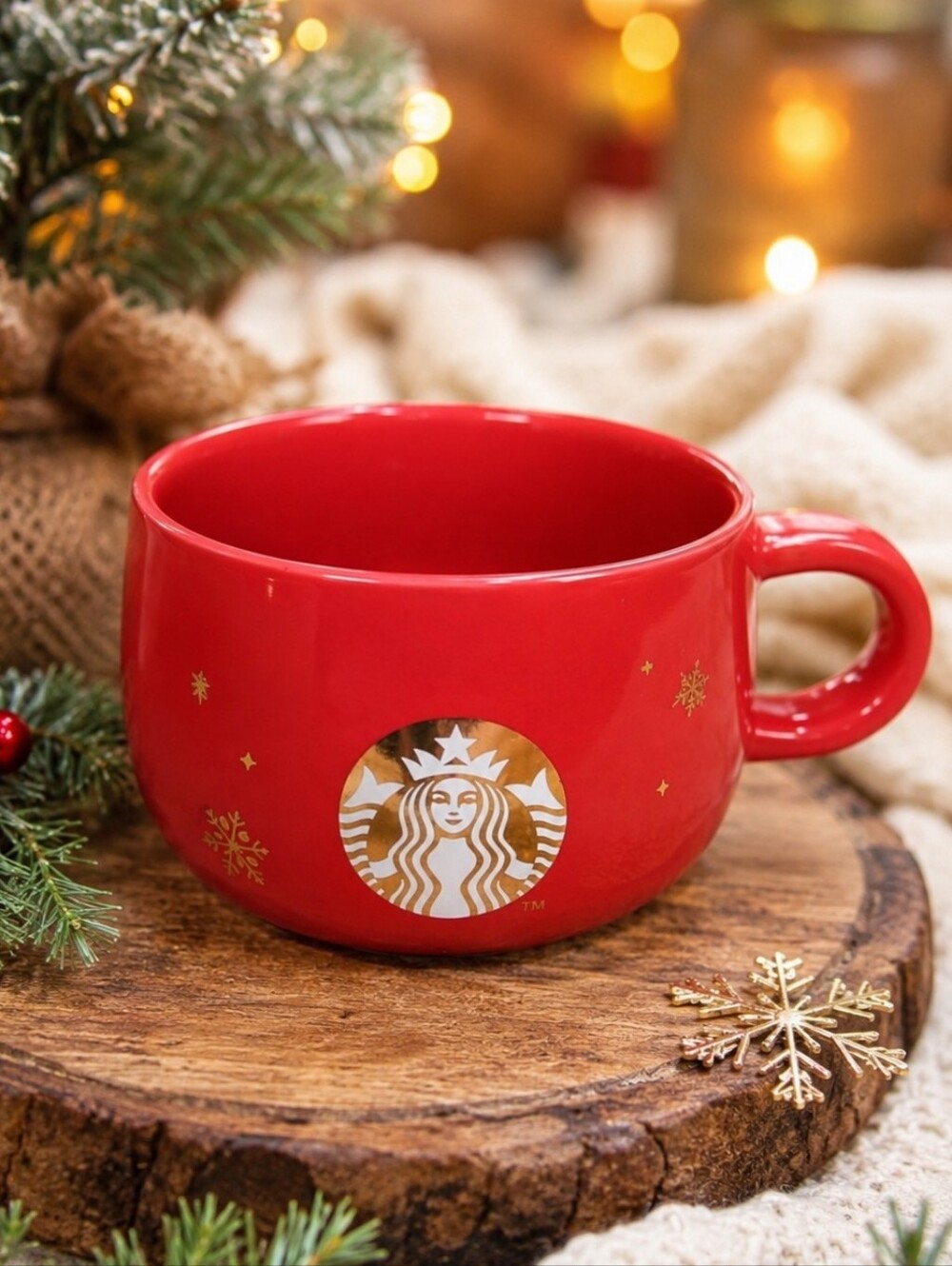 Starbucks 14oz Mug Red with Gold Snowflakes Holiday Coffee Cup